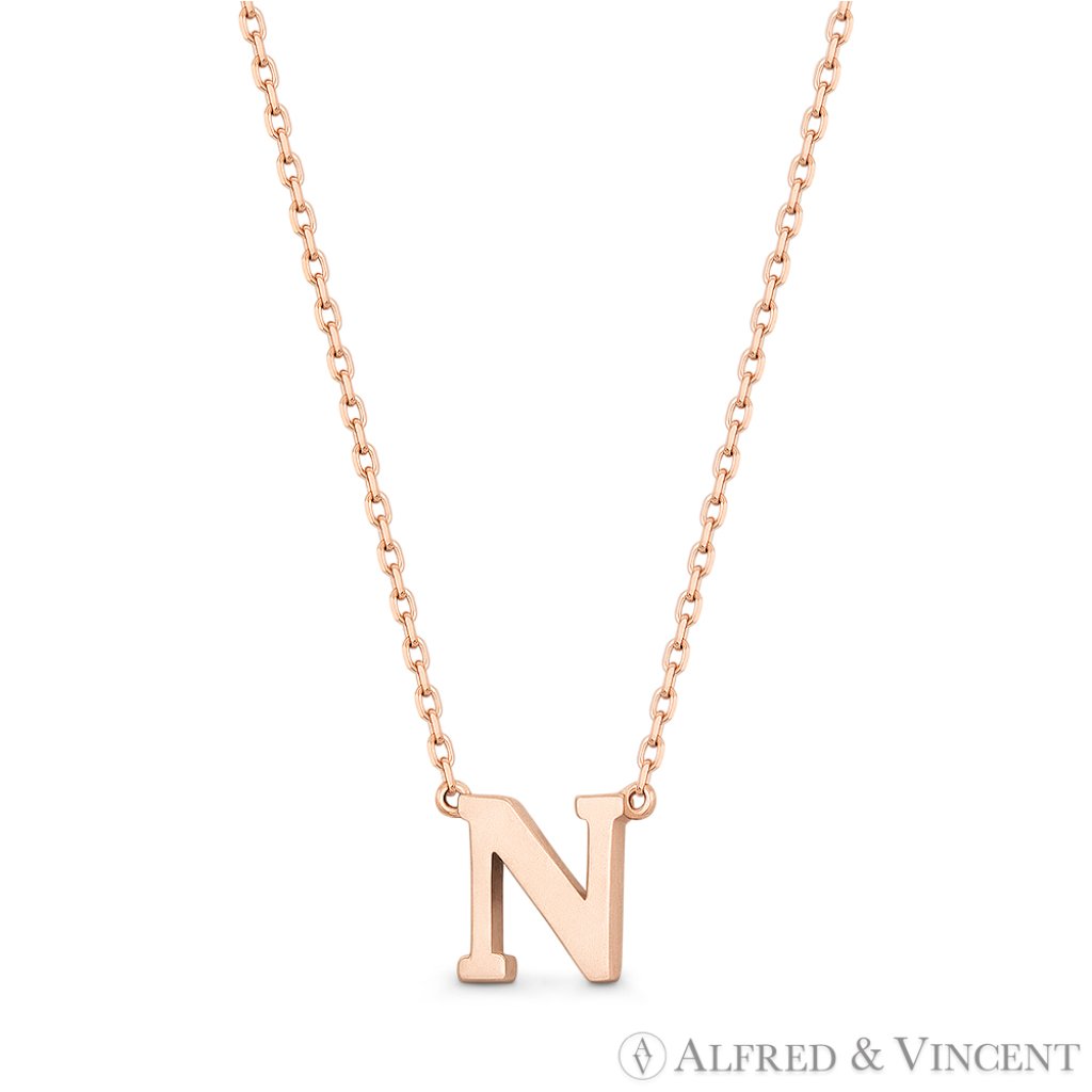 Small Initial Letter "N" Pendant & Chain Necklace In Solid 14k Rose Gold